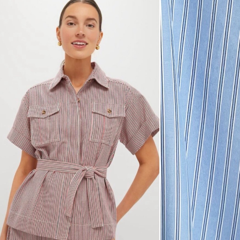 Tuckernuck Camp Shirt Blouse Button Front Blue Stripe Size Small